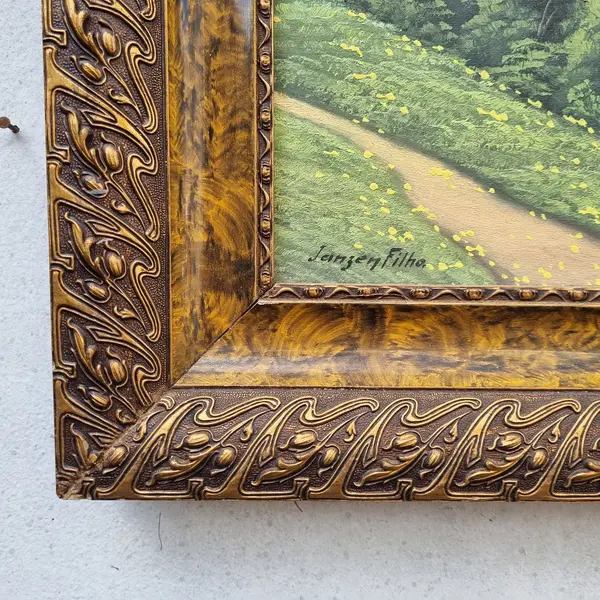 Foto de um(a) Pintura Óleo Sobre Tela de Jansen Filho Representando Natureza, da categoria de Pinturas. Quadro Jansen Filho - Óleo sobre tela , moldura em madeira. Mostrado de uma perspectiva diferente. Vendido no marketplace Trésors.