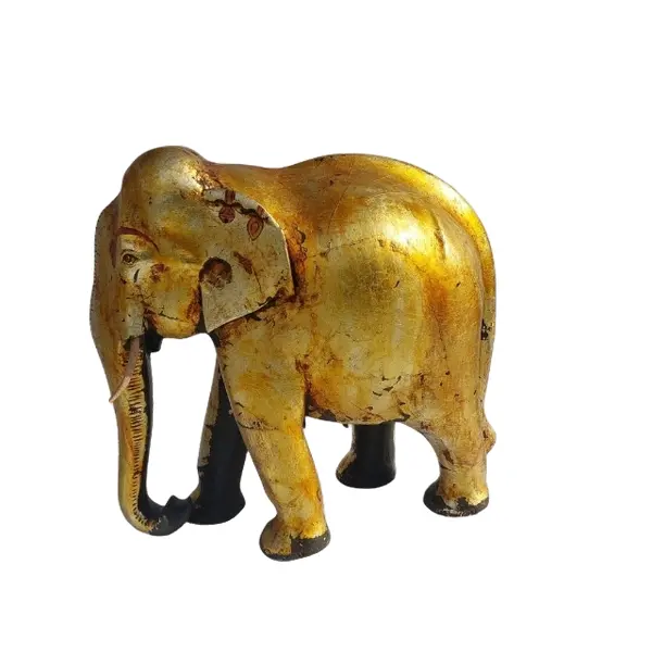 Foto de um(a) Grande elefante dourado de madeira Indiano, da categoria de Escultura. Elefante estilo indiano, dourado e em madeira. Esse é o tamanho grande (maior da foto), mede 40x40x24cm (CLA). Vendido no marketplace Trésors.