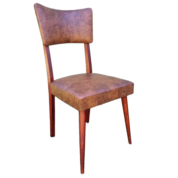 Foto de um(a) Cadeira pé palito e courino, Manufaturada Guetter Déc. 50, da categoria de Cadeiras de jantar. Cadeira Pé Palito, Manufaturada Guetter, com selo original da marca, possui estrutura toda em madeira maciça, estofado de... Vendido no marketplace Trésors.