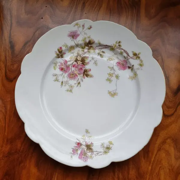 Foto de um(a) Antiguidade prato raso em porcelana Limoges, da categoria de Pratos Decorativos. Prato raso em fina porcelana francesa Limoges com rica decoração floral. França século XIX.24,5 cm de diâmetro. Mostrado de uma perspectiva diferente. Vendido no marketplace Trésors.