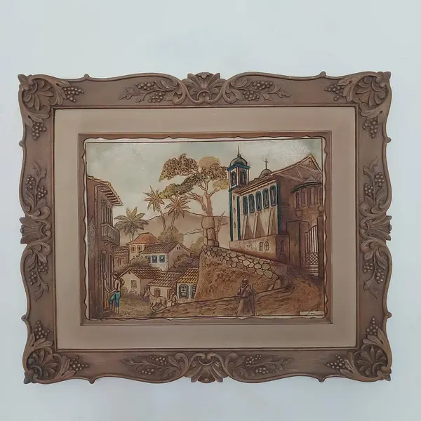 Foto de um(a) Quadro em alto relevo, da categoria de Pinturas. Belissimo quadro em alto relevo com linda moldura em resina imitando madeira Medidas: Comprimento 51,5 cm x altura 43,5 cm. Mostrado de uma perspectiva diferente. Vendido no marketplace Trésors.