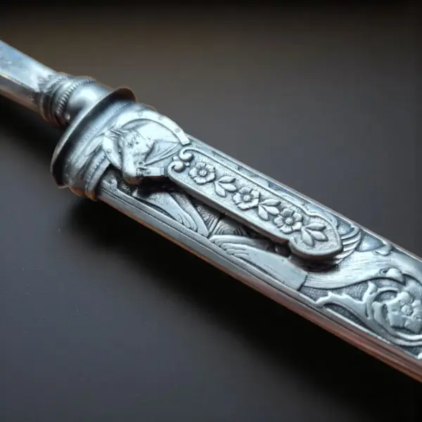 Foto de um(a) Antiga Faca Gaúcha Em Metal Prateado Elmo Prata, da categoria de Facas. **Faca gaúcha com bainha e cabo trabalhados – Cutelaria Elmo.** Uma peça que traduz a alma do sul do Brasil. Esta faca... Mostrado de uma perspectiva diferente. Vendido no marketplace Trésors.