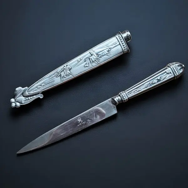 Foto de um(a) Antiga Faca Gaúcha Em Metal Prateado Elmo Prata, da categoria de Facas. **Faca gaúcha com bainha e cabo trabalhados – Cutelaria Elmo.** Uma peça que traduz a alma do sul do Brasil. Esta faca... Mostrado de uma perspectiva diferente. Vendido no marketplace Trésors.