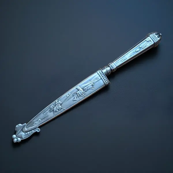 Foto de um(a) Antiga Faca Gaúcha Em Metal Prateado Elmo Prata, da categoria de Facas. **Faca gaúcha com bainha e cabo trabalhados – Cutelaria Elmo.** Uma peça que traduz a alma do sul do Brasil. Esta faca... Mostrado de uma perspectiva diferente. Vendido no marketplace Trésors.