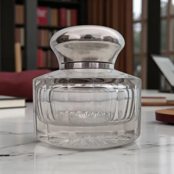 Foto de um(a) Tinteiro em cristal Baccarat com tampa em prata Francesa, da categoria de Garrafas, potes e jarros. Uma verdadeira joia de época Pesado e imponente tinteiro em cristal Baccarat, lapidado com perfeição, acompanhado de... Mostrado de uma perspectiva diferente. Vendido no marketplace Trésors.