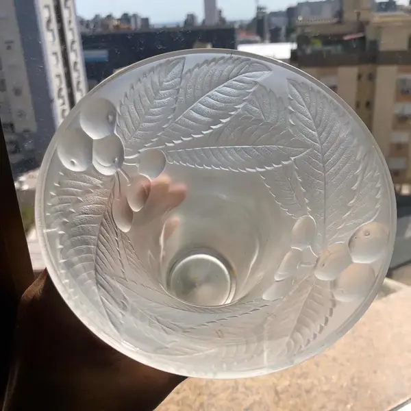 Foto de um(a) Antigo Lindo Vaso Art Deco Vidro Artístico Satiné Francês, da categoria de Vasos. Antigo e lindo vaso francês em vidro artístico ricamente moldado e prensado, trabalho feito a ácido, com folhas e frutos em... Mostrado de uma perspectiva diferente. Vendido no marketplace Trésors.