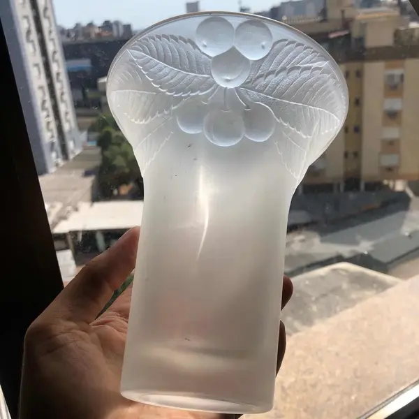 Foto de um(a) Antigo Lindo Vaso Art Deco Vidro Artístico Satiné Francês, da categoria de Vasos. Antigo e lindo vaso francês em vidro artístico ricamente moldado e prensado, trabalho feito a ácido, com folhas e frutos em... Mostrado de uma perspectiva diferente. Vendido no marketplace Trésors.