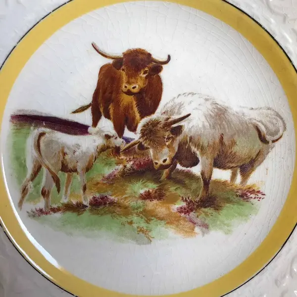 Foto de um(a) Antigo Grande Prato Medalhão Porcelana Inglesa Ivory Ware, da categoria de Pratos Decorativos. Wood’s Ivory Ware - England. Grande prato medalhão de parede em fina porcelana inglesa, com linda decoração rural com casal... Mostrado de uma perspectiva diferente. Vendido no marketplace Trésors.