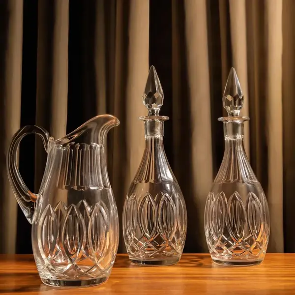 Foto de um(a) Antigo Conjunto Garrafa Licoreira Jarra Em Cristal Baccarat, da categoria de Garrafas, potes e jarros. Puro cristal francês ~ Baccarat ~Antigo e elegante conjunto com três peças para servir, sendo duas garrafas licoreiras e uma... Mostrado de uma perspectiva diferente. Vendido no marketplace Trésors.