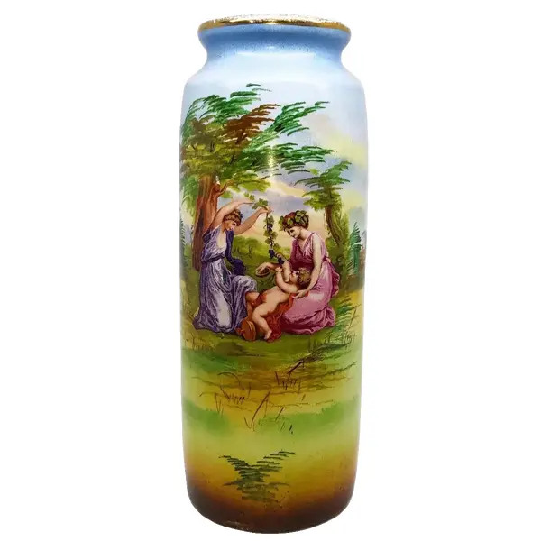 Foto de um(a) Antigo Raro Vaso Jarro Em Porcelana Austríaca Joseph Strnact, da categoria de Vasos. JS - Joseph Strnact. Antigo e lindo vasinho artístico em porcelana austríaca. Pintado à mão. Cada lado da peça tem uma cena... Vendido no marketplace Trésors.