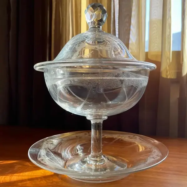 Foto de um(a) Antiga Bomboniere Cristal Francês Saint Louis Art Nouveau, da categoria de Garrafas, potes e jarros. Antiga e fina bomboniere com présentoir em cristal francês da renomada manufatura Saint Louis. Ricamente lavrada à mão, com... Mostrado de uma perspectiva diferente. Vendido no marketplace Trésors.