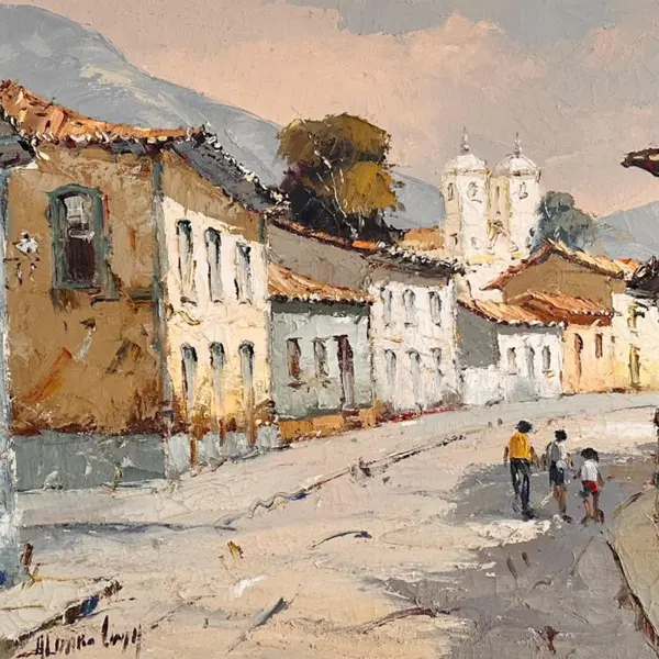 Foto de um(a) Álvaro Lima, Igreja com Casario, datada de 2001, óleo sobre tela medindo, 60 x 80 cm (obra) e 82 x 102 cm (com moldura), assinado á mão pelo artista., da categoria de Pinturas. O artista plástico brasileiro Álvaro Lima (pseudônimo de Álvaro dos Santos Lima Filho) é um renomado pintor impressionista... Mostrado de uma perspectiva diferente. Vendido no marketplace Trésors.