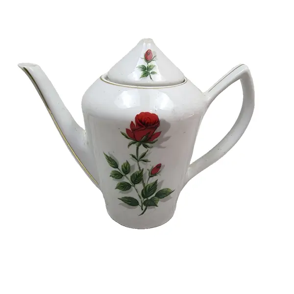 Foto de um(a) Bule Antigo de Porcelana Pozzani com Rosas Vermelhas e Tampa, da categoria de Bules. Estado de conservação: a ponta da tampa está quebrada, deixando um pequeno orifício visível no topo. A tampa acompanha o... Vendido no marketplace Trésors.