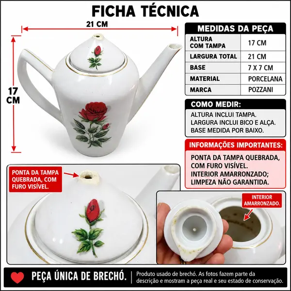 Foto de um(a) Bule Antigo de Porcelana Pozzani com Rosas Vermelhas e Tampa, da categoria de Bules. Estado de conservação: a ponta da tampa está quebrada, deixando um pequeno orifício visível no topo. A tampa acompanha o... Mostrado de uma perspectiva diferente. Vendido no marketplace Trésors.