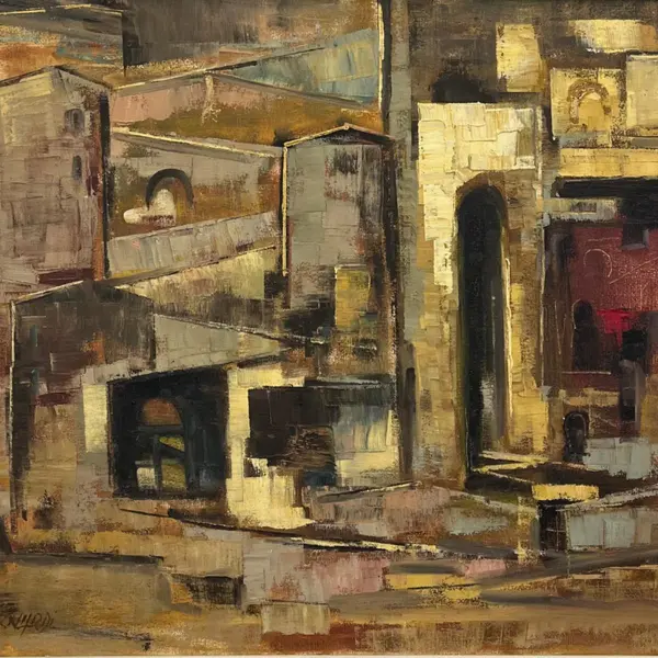 Foto de um(a) Edson di Bernardi, série "Oriente" / "Cidades", técnica óleo sobre tela medino 82 x 101 cm (com moldura) e 59 x 78 cm (obra) e assinado à mão, da categoria de Pinturas. Esplêndida composição em óleo sobre tela na qual Edson Di Bernardi demonstra pleno domínio da geometrização formal e da... Mostrado de uma perspectiva diferente. Vendido no marketplace Trésors.