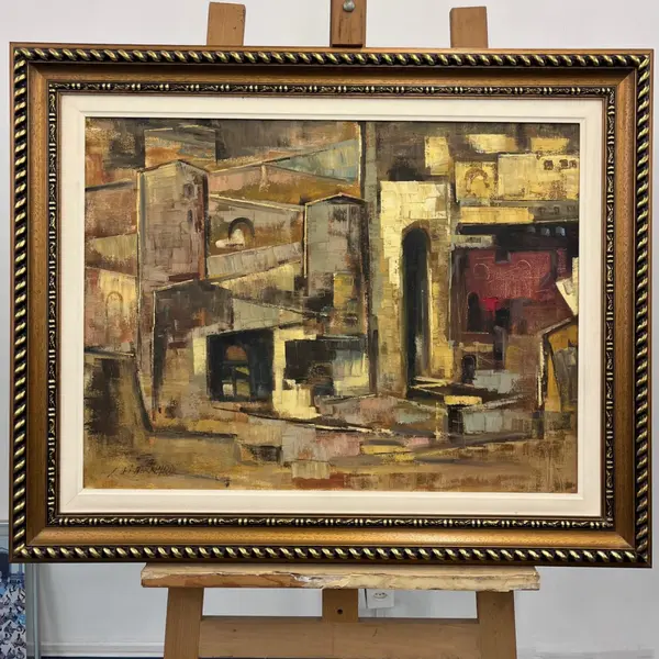 Foto de um(a) Edson di Bernardi, série "Oriente" / "Cidades", técnica óleo sobre tela medino 82 x 101 cm (com moldura) e 59 x 78 cm (obra) e assinado à mão, da categoria de Pinturas. Esplêndida composição em óleo sobre tela na qual Edson Di Bernardi demonstra pleno domínio da geometrização formal e da... Mostrado de uma perspectiva diferente. Vendido no marketplace Trésors.