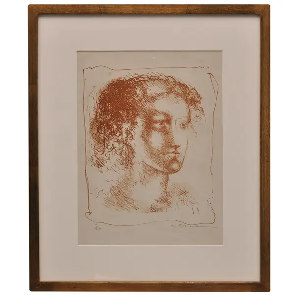 Foto de um(a) Marcelo Grassmann, litografia "retrato" de 54 x 44 cm, assinada à mão e com moldura, da categoria de Serigrafia. Marcelo Grassmann (São Simão, SP, 1925 - São Paulo, SP, 2013) foi um renomado gravador, desenhista, ilustrador e professor... Vendido no marketplace Trésors.
