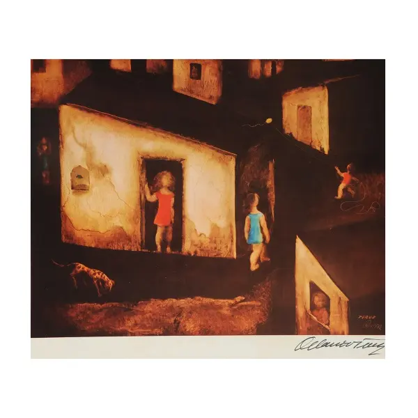 Foto de um(a) Gravura offset favela, obra do artista orlando teruz. peça datada de 1972 e assinada de próprio punho pelo autor no canto inferior direito. em ótimo estado. medidas: 32cm x 42cm e sem moldura, da categoria de Serigrafia. Orlando Teruz Brasil - 1902 - 1984 Estuda na Escola Nacional de Belas Artes - Enba entre 1920 e 1923, é aluno de Baptista da... Vendido no marketplace Trésors.