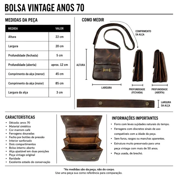 Foto de um(a) Bolsa Feminina Vintage Anos 70 Marrom Tiracolo Ajustável Rara Brechó, da categoria de Bolsas. Bolsa vintage original dos anos 70, usada, de brechó, em excelente estado de conservação para uma peça com mais de 50 anos.... Mostrado de uma perspectiva diferente. Vendido no marketplace Trésors.
