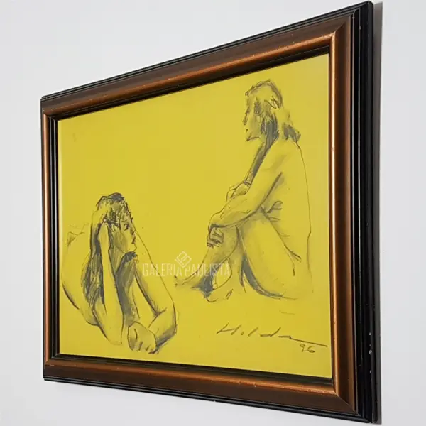 Foto de um(a) Hilda Mattos, Figuras Femininas é um desenho em crayon sobre papel, medindo 70 x 50 cm com moldura e assinado à mão, da categoria de Desenhos. Hilda Mattos (1928–2016) foi uma importante pintora, desenhista, gravadora e professora brasileira, reconhecida por sua... Mostrado de uma perspectiva diferente. Vendido no marketplace Trésors.