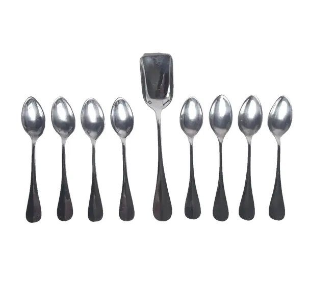 Foto de um(a) Lote de antigas 8 colheres p/ café + 1 p/ açucareiro, prata Ercuis - França, Modelo Fidélio, da categoria de Colheres. Conjunto de Antigas 8 Colheres de Café em Metal Espessurado à Prata + 1 Colher p/ Açucareiro. Renomada Fabricante Francesa... Vendido no marketplace Trésors.
