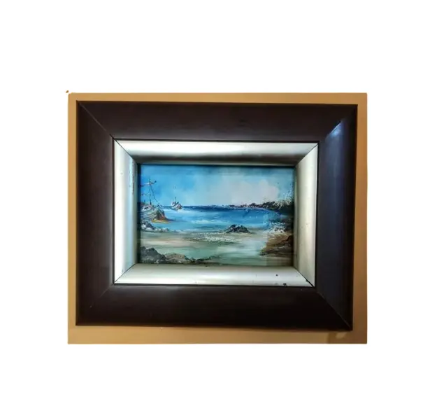 Foto de um(a) Quadro Blue Sea Anos 90, da categoria de Pinturas. Quadro marina em acrílico sobre eucatex com moldura em madeira e prata, comprado em porto alegre no final dos anos 1990... Vendido no marketplace Trésors.
