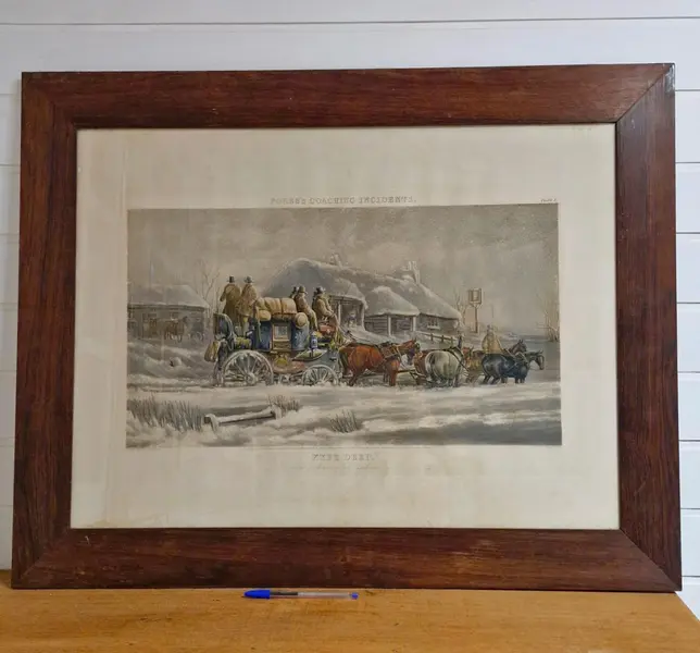 Foto de um(a) Renomada gravura inglesa com moldura em Jacarandá, da categoria de Impressões. Esta rara peça é uma renomada gravura histórica inglesa do tipo aquatinta, intitulada Knee Deep. Ela faz parte da célebre... Mostrado de uma perspectiva diferente. Vendido no marketplace Trésors.