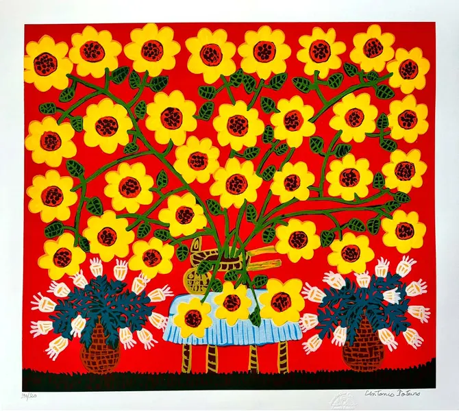 Foto de um(a) VASO DE GIRASSÓIS 70 X 80 CM - Antonio Poteiro, da categoria de Serigrafia. Serigrafia original póstuma do artista Antonio Poteiro. Dimensões: Altura: 70 cm Largura: 80 cm Breve biografia do artista:... Vendido no marketplace Trésors.