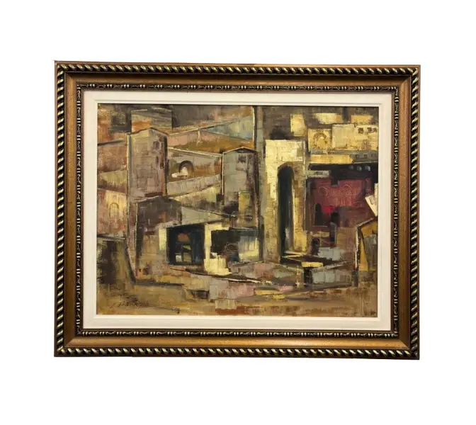 Foto de um(a) Edson di Bernardi, série "Oriente" / "Cidades", técnica óleo sobre tela medino 82 x 101 cm (com moldura) e 59 x 78 cm (obra) e assinado à mão, da categoria de Pinturas. Esplêndida composição em óleo sobre tela na qual Edson Di Bernardi demonstra pleno domínio da geometrização formal e da... Vendido no marketplace Trésors.