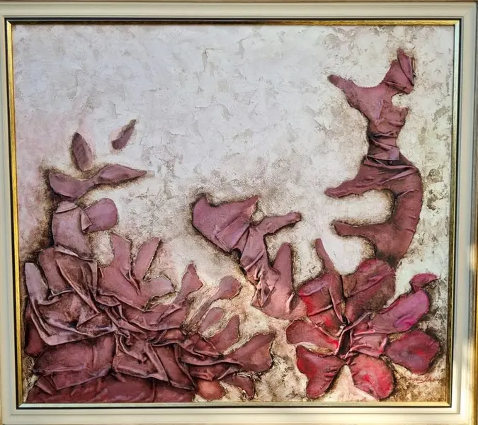 Foto de um(a) Quadro Suzana Lobo 1996 - Flores em relevo, da categoria de Pinturas. Quadro Suzana Lobo, 1996 - Flores em relevo. Mede 70x80cm e 90x100cm com moldura. Mostrado de uma perspectiva diferente. Vendido no marketplace Trésors.