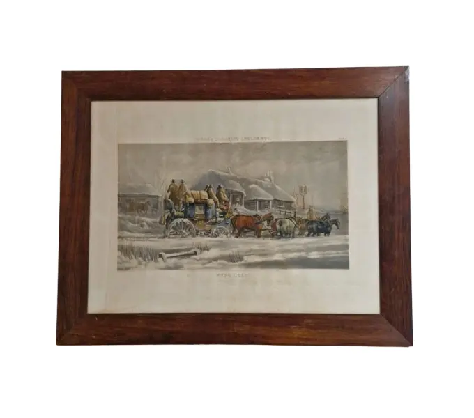 Foto de um(a) Renomada gravura inglesa com moldura em Jacarandá, da categoria de Impressões. Esta rara peça é uma renomada gravura histórica inglesa do tipo aquatinta, intitulada Knee Deep. Ela faz parte da célebre... Vendido no marketplace Trésors.