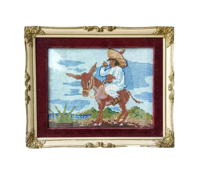 Foto de um(a) Quadro Ponto Cruz 50'S, da categoria de Arte têxtil. Quadro em ponto de cruz com moldura original, passe-partout original em veludo e vidro comum, década de 1950. A: 32 cm L: 26... Vendido no marketplace Trésors.