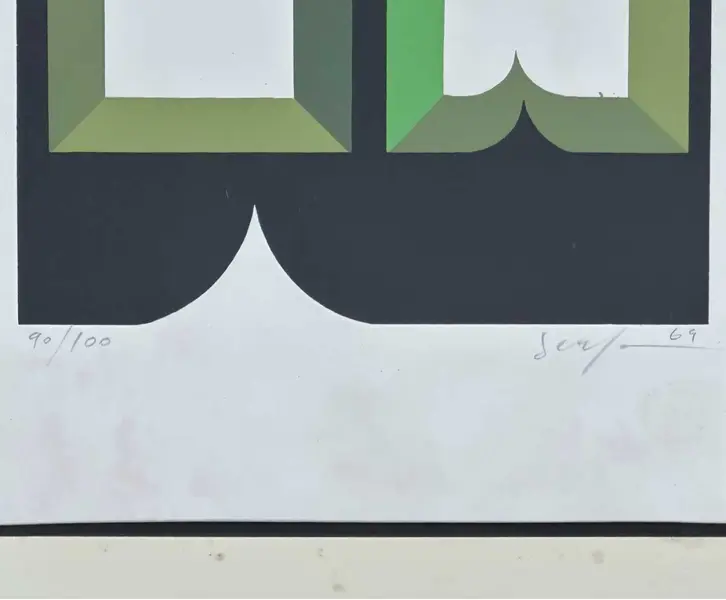 Foto de um(a) Ivan Serpa, Geométrico, datado de 1969 é uma serigrafia exemplar 90 de 100, medindo 36x25cm (obra) e 50 x 38 (com moldura) assinado a mão, da categoria de Serigrafia. O carioca Ivan Serpa (1923-1973) foi um artista de extensa produção, professor e formador do Grupo Frente, um marco... Mostrado de uma perspectiva diferente. Vendido no marketplace Trésors.