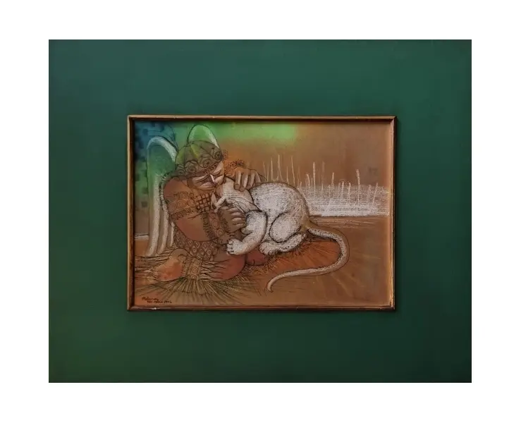 Foto de um(a) Helenos - Anjo com gato. Técnica mista sobre cartão colada em placa, datado em 1972 e assinado à mão., da categoria de Pinturas. Vendido no marketplace Trésors.