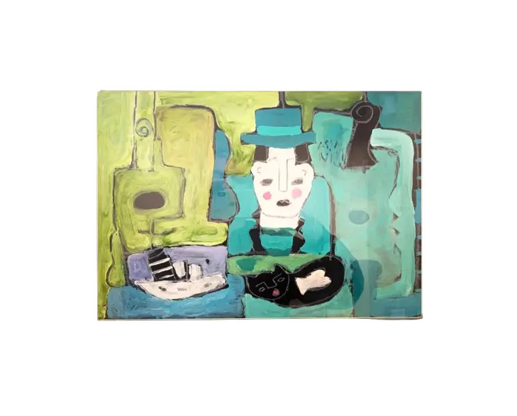 Foto de um(a) Asfaduroff Nibbes - Homem com Gato, da categoria de Pinturas. Asfaduroff Nibbes, Homem com Gato, em acrílico sobre cartão, passpartout preto, emoldurado e envidraçado. 49 x 62cm. Vendido no marketplace Trésors.