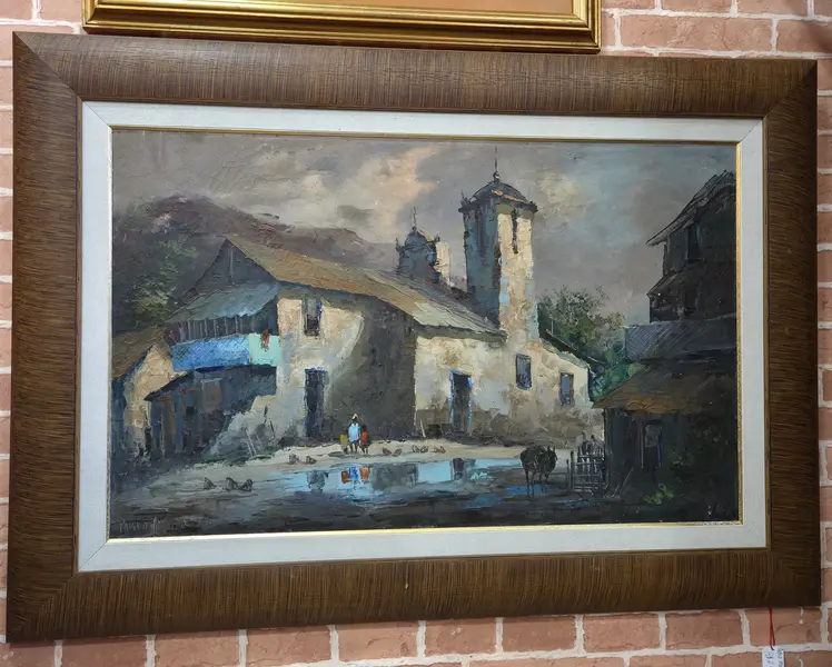Foto de um(a) Reflexos do Tempo: Vilarejo em Óleo - Pablo Matania, da categoria de Pinturas. Grande artista argentino. Esta belíssima obra de Pablo Matania captura a essência da vida rural com uma sensibilidade única.... Mostrado de uma perspectiva diferente. Vendido no marketplace Trésors.