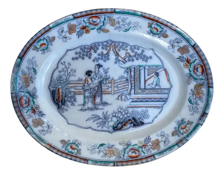 Foto de um(a) Antigo Prato Travessa Porcelana Oriental Imari Red Flow Blue, da categoria de Travessas e tigelas. Antigo e grande prato/travessa em porcelana artística inglesa Imari Red Flow Blue. Período Vitoriano. Pintado à mão.... Vendido no marketplace Trésors.