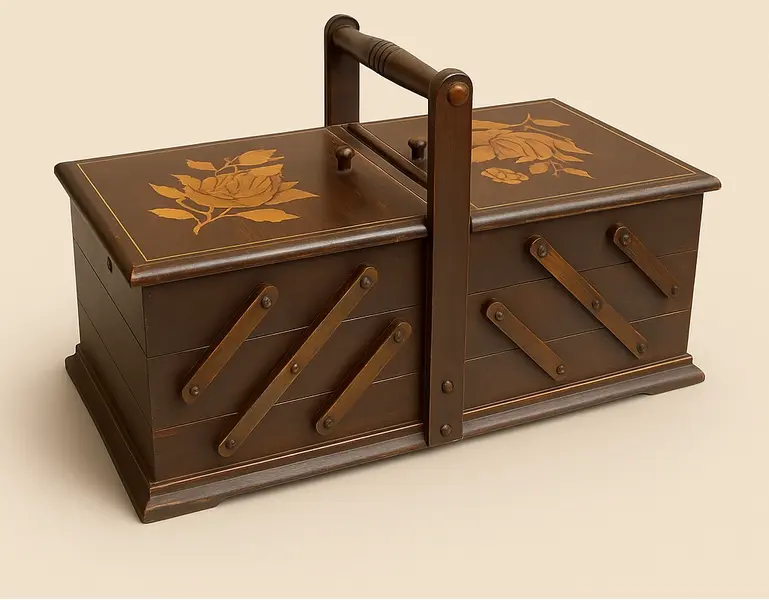 Foto de um(a) CAIXA DE COSTURA ANTIGA EM MADEIRA NOBRE – PEÇA DE LUXO • RARO & COLECIONÁVEL, da categoria de Cestos e Caixas. Caixa (originalmente) de costura em madeira acabamento clássico marchetaria floral artesanal na tampa modelo sanfona... Mostrado de uma perspectiva diferente. Vendido no marketplace Trésors.