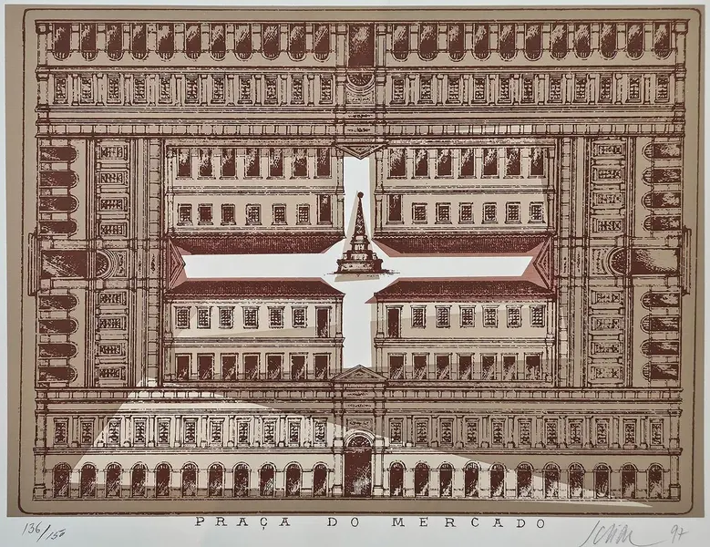 Foto de um(a) Carlos Scliar - "Praça do Mercado" é gravura de 1997 medindo 35 x 50 cm, assinada a mão e sem moldura, da categoria de Serigrafia. Vendido no marketplace Trésors.