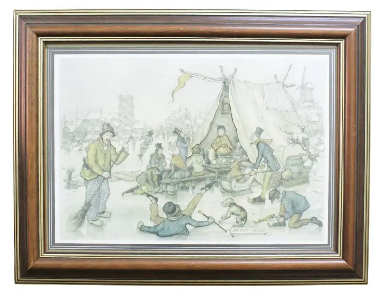Foto de um(a) Gravura Anton Pieck, da categoria de Impressões. Gravura de uma cena de inverno com pessoas em atividades, caracterizada pelo estilo do artista holandês ANTON PIECK. Moldura... Vendido no marketplace Trésors.