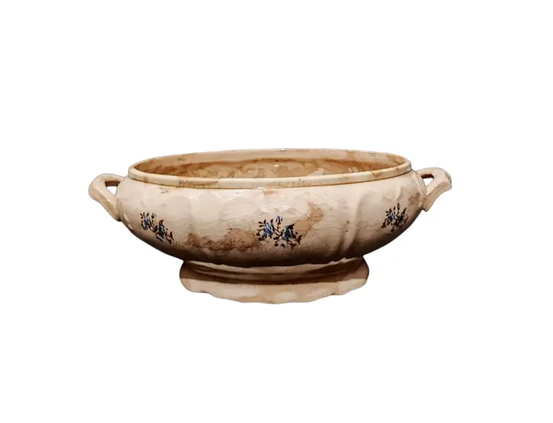 Foto de um(a) Sopeira em Porcelana São Caetano, Década de 1940, da categoria de Terrinas de sopa. Sopeira em porcelana com relevo em toda a volta e pequenos bouquets de flores azuis. Está sem tampa, mas transforma-se em um... Vendido no marketplace Trésors.