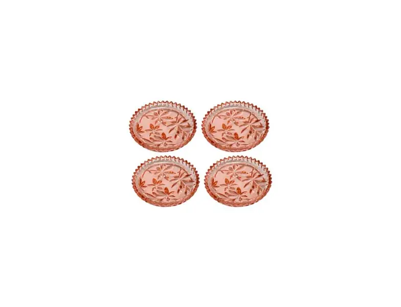 Foto de um(a) Conjunto de 4 petisqueiras em vidrão, da categoria de Conjuntos de servir. Conjunto de 4 delicadas petisqueiras em vidrão trabalhado na cor rosé. Mede 15cm de diâmetro, em bom estado.Uma delas possui... Vendido no marketplace Trésors.