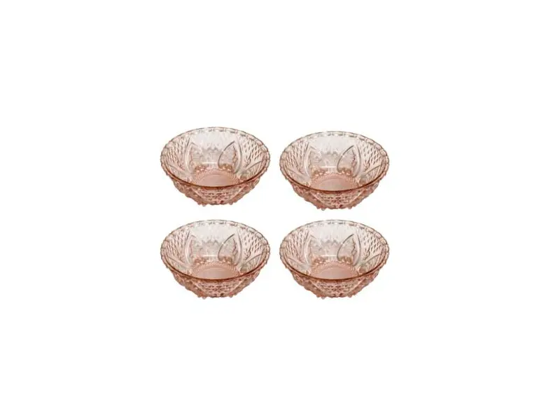 Foto de um(a) Conjunto de 4 tigelas em vidrão, da categoria de Conjuntos de servir. Conjunto de 04 delicadas tigelinhas para sobremesa em vidrão rose. Com decoração de losangos e flores em alto relevo. Medida... Vendido no marketplace Trésors.