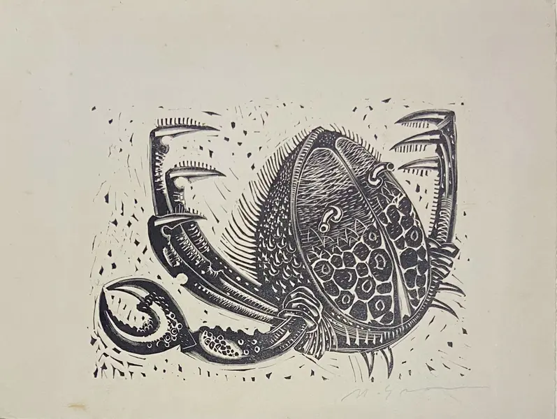 Foto de um(a) MARCELLO GRASSMANN - Linóleo decáda de 1950, medindo 25 x 32,5 cm e assinado a mão, da categoria de Serigrafia. Marcelo Grassmann (São Simão, SP, 1925 - São Paulo, SP, 2013) foi um renomado gravador, desenhista, ilustrador e professor... Vendido no marketplace Trésors.