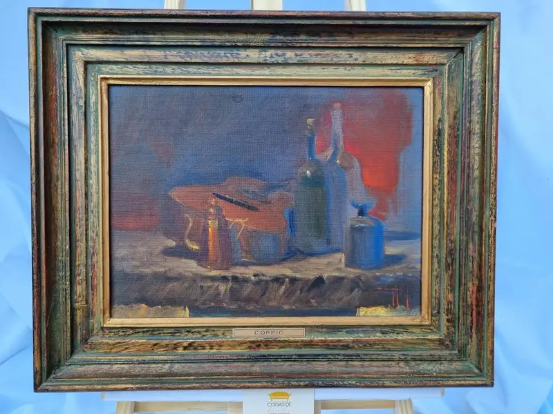 Foto de um(a) O Violão - OST - Celso Coppio 1984, da categoria de Pinturas. Pintura em óleo sob tela, do artista CELSO COPPIO, ano 1984. Mede 30x40cm e 45x55cm.Acompanha certificado de autenticidade. Mostrado de uma perspectiva diferente. Vendido no marketplace Trésors.