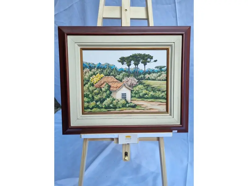 Foto de um(a) Óleo sobre tela - Vivian Vidal 1988 - Casa e Araucária, da categoria de Pinturas. Óleo sobre tela VIVIAN VIDAL (1951-2015). Mede 30x40cm - 1988. Mostrado de uma perspectiva diferente. Vendido no marketplace Trésors.