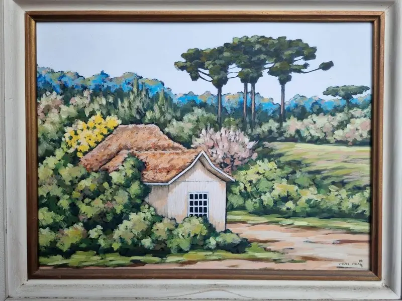 Foto de um(a) Óleo sobre tela - Vivian Vidal 1988 - Casa e Araucária, da categoria de Pinturas. Óleo sobre tela VIVIAN VIDAL (1951-2015). Mede 30x40cm - 1988. Mostrado de uma perspectiva diferente. Vendido no marketplace Trésors.