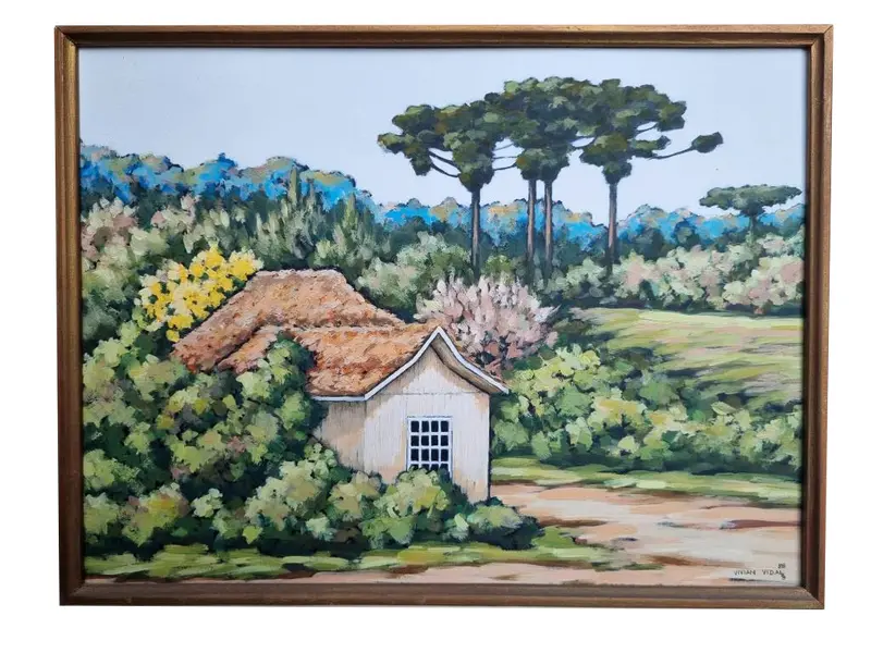 Foto de um(a) Óleo sobre tela - Vivian Vidal 1988 - Casa e Araucária, da categoria de Pinturas. Óleo sobre tela VIVIAN VIDAL (1951-2015). Mede 30x40cm - 1988. Vendido no marketplace Trésors.