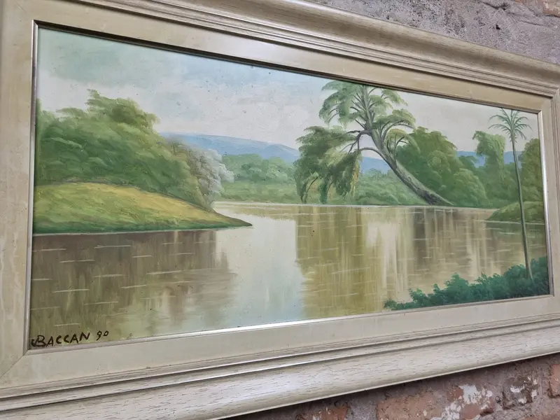 Foto de um(a) Quadro Baccan 70A x 100L cm - Òleo sobre eucatex, 1990, da categoria de Pinturas. Artista renomado na região de Bauru-SP. Òleo sobre eucatex, 1990 dimensões: 70cmA x 100cmL. Mostrado de uma perspectiva diferente. Vendido no marketplace Trésors.