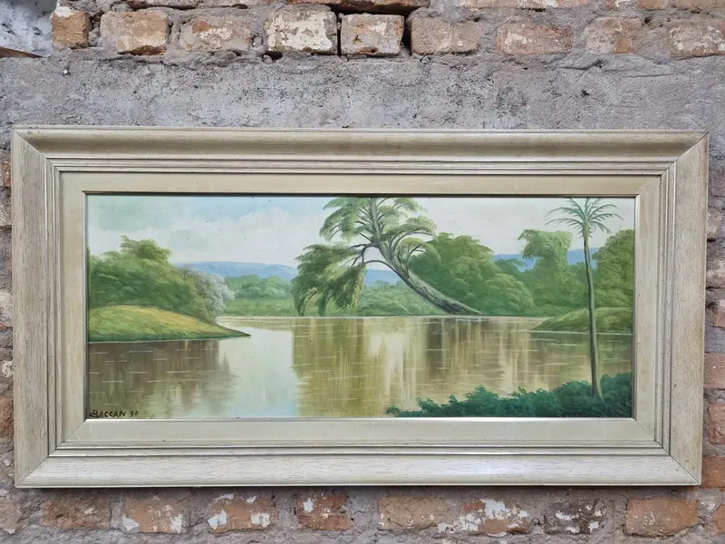 Foto de um(a) Quadro Baccan 70A x 100L cm - Òleo sobre eucatex, 1990, da categoria de Pinturas. Artista renomado na região de Bauru-SP. Òleo sobre eucatex, 1990 dimensões: 70cmA x 100cmL. Mostrado de uma perspectiva diferente. Vendido no marketplace Trésors.